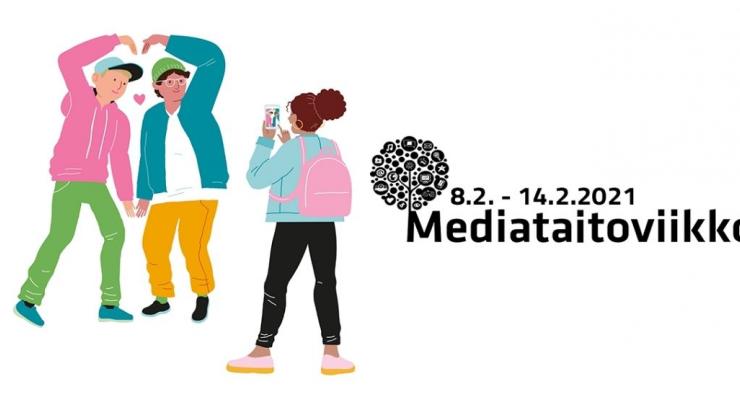 Mediataitoviikon mainoskuva, jossa kolme piirrettyä nuorta.